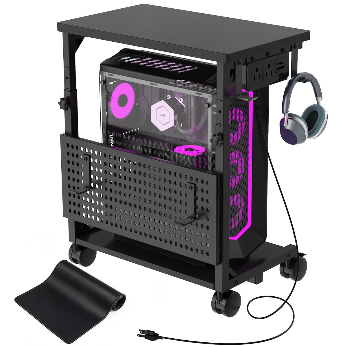 Adjustable Computer Tower Stand with Charging Station & Pegboard,Brown