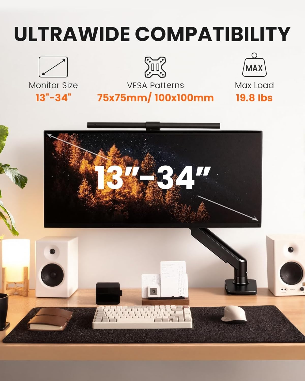 ErGear Single Monitor Arm, Fully Adjustable Monitor Mount for 13–34 Inch Screens, Fast Install Computer Monitor Stand with Tool-Free VESA Mount, Cable Management, Holds 19.8 lbs