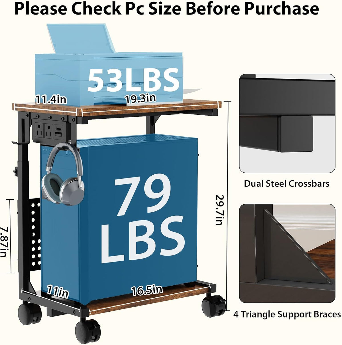 Adjustable Computer Tower Stand with Charging Station & Pegboard,Brown