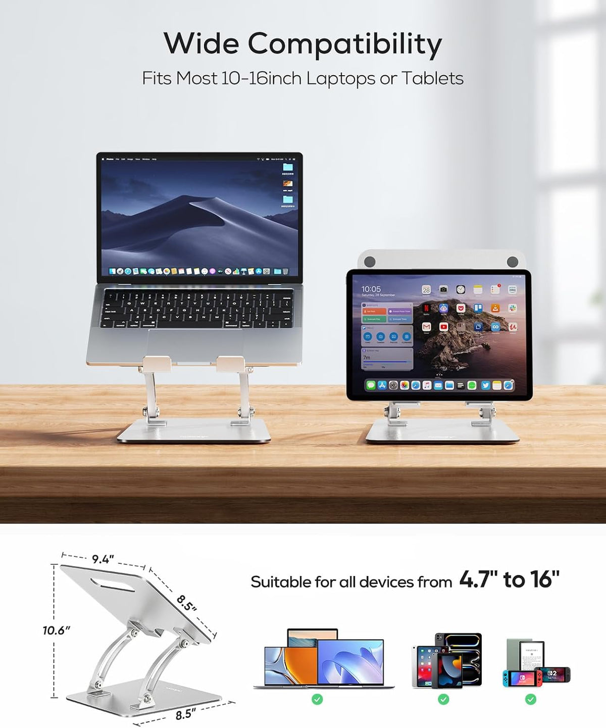 Nulaxy Ergonomic Adjustable Laptop Stand for Desk, Dual Foldable Computer Riser with Advanced Heat-Vent, Heavy-Duty Portable Notebook Holder for Posture Correction, Compatible with Mac 10-16" Laptops