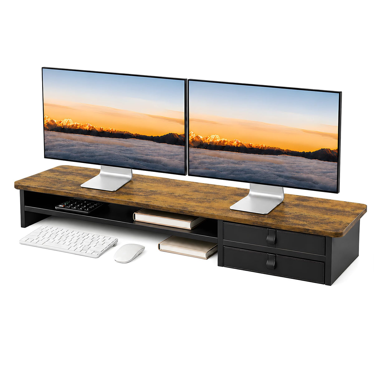 Dual Monitor Stand, 42.5 Inch Wood Monitor Riser with Drawers, 2 Tier Desktop Organizer for Computer Laptop TV, Large Screen Stand for Home Office Desk