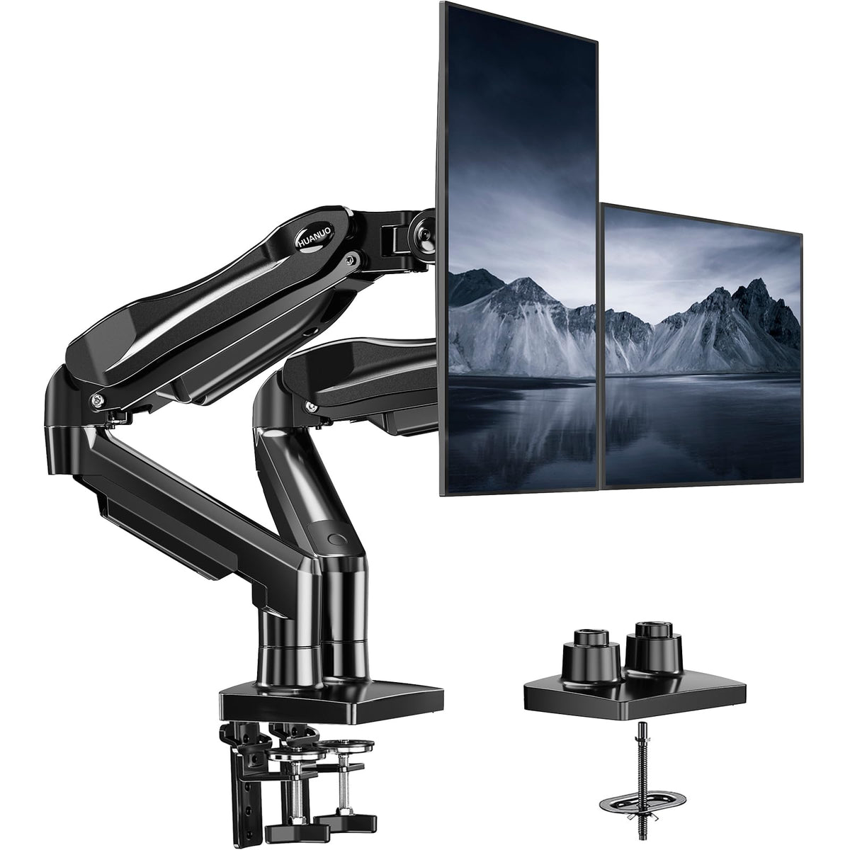 HUANUO FlowLift™ Dual Monitor Stand, Fully Adjustable Gaming Monitor Desk Mount for 13–32″ Computer Screens, Full Motion VESA 75x75/100x100 with C-Clamp & Grommet Base, Each Arm Holds 4.4 to 19.8 lbs