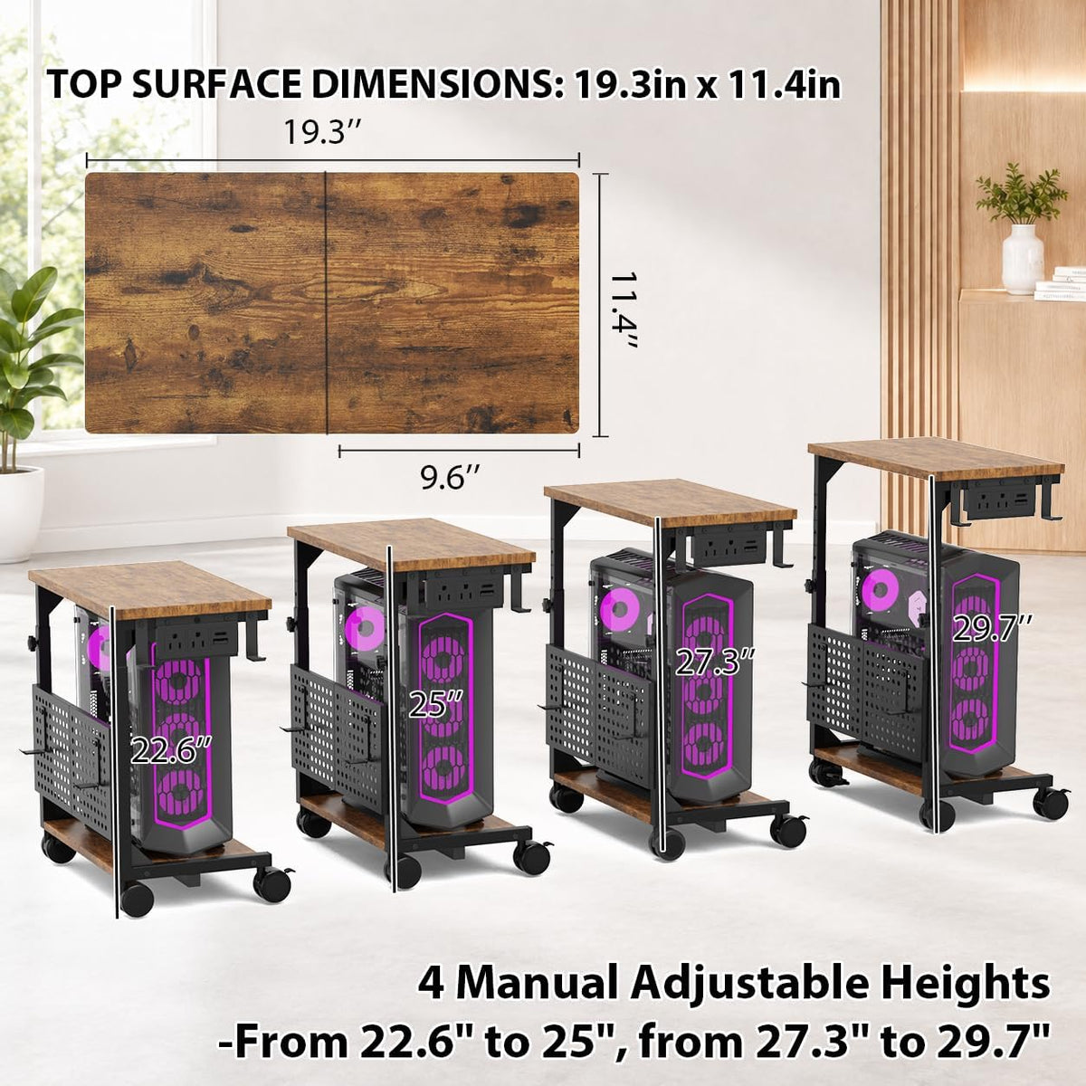 Adjustable Computer Tower Stand with Charging Station & Pegboard,Brown