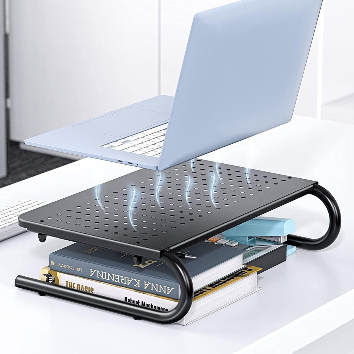 HUANUO Monitor Riser for Desk, Laptop Stand with Vented Steel Shelf, Black