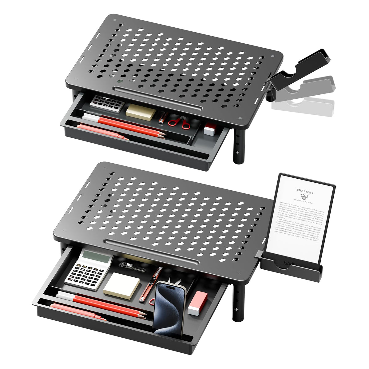 Computer Monitor Stand Riser for Desk, 3 Height Adjustable PC Laptop TV Desktop Monitor Stand Shelf, Metal Printer Table with Phone Holder, Stand Riser for Desk, Office Desk Organizers and Accessories, 2 Pack