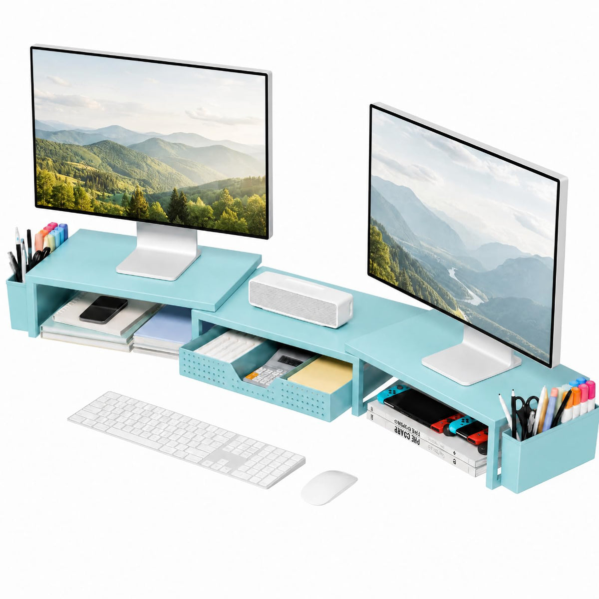 OPNICE Desk Organizers and Accessories, Dual Monitor Stand Riser with Drawer and 2 Pen Holders, Desk Shelf Computer Racks & Printer Stand for Office Workspace Organizers, Desktop Organization (Black)