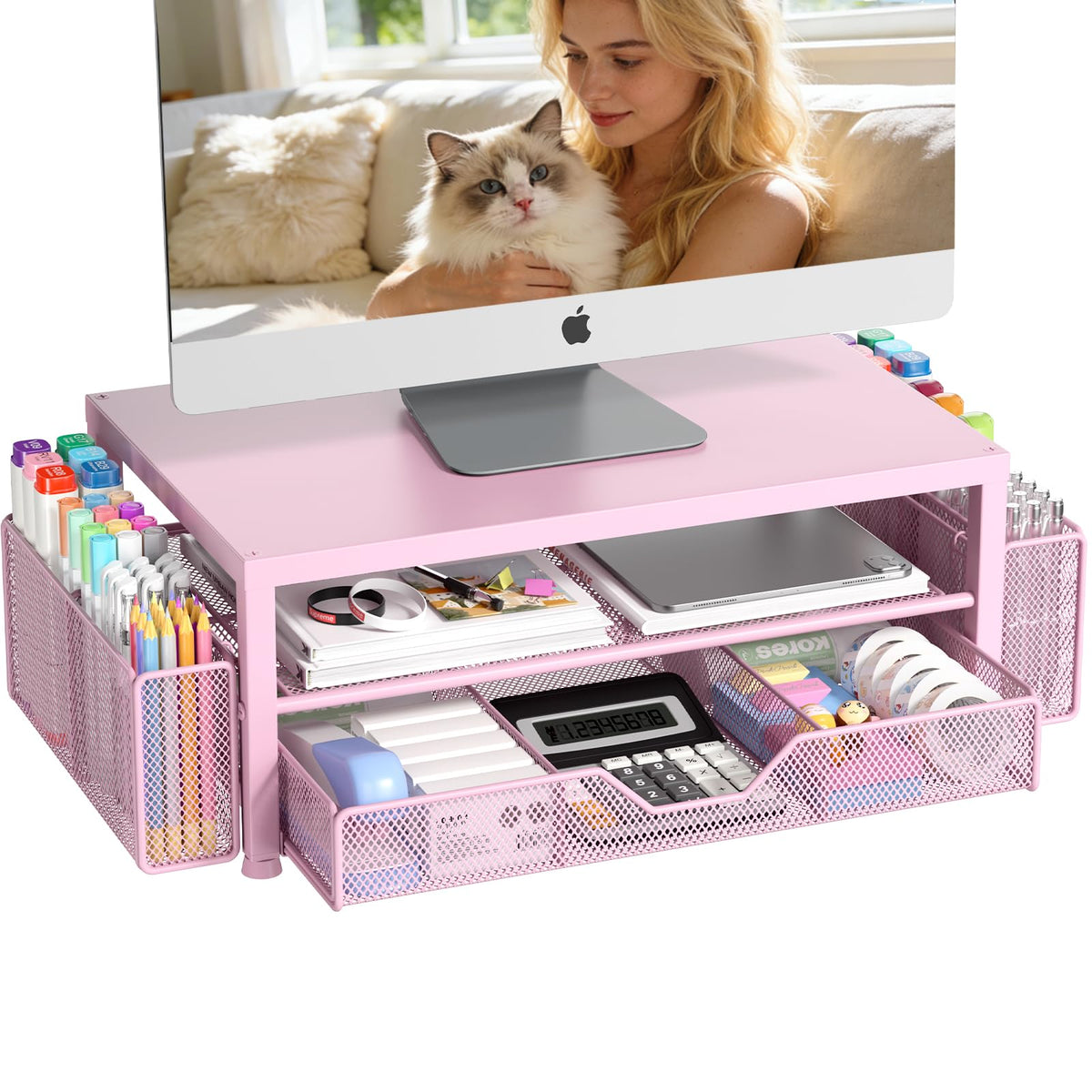 OPNICE Desk Organizers and Accessories, Computer Monitor Stand Riser with Drawer and 2 Pen Holders, Printer & Laptop Stand, Office Desk Accessories & Workspace Organizers for Home Office Supplies, Black