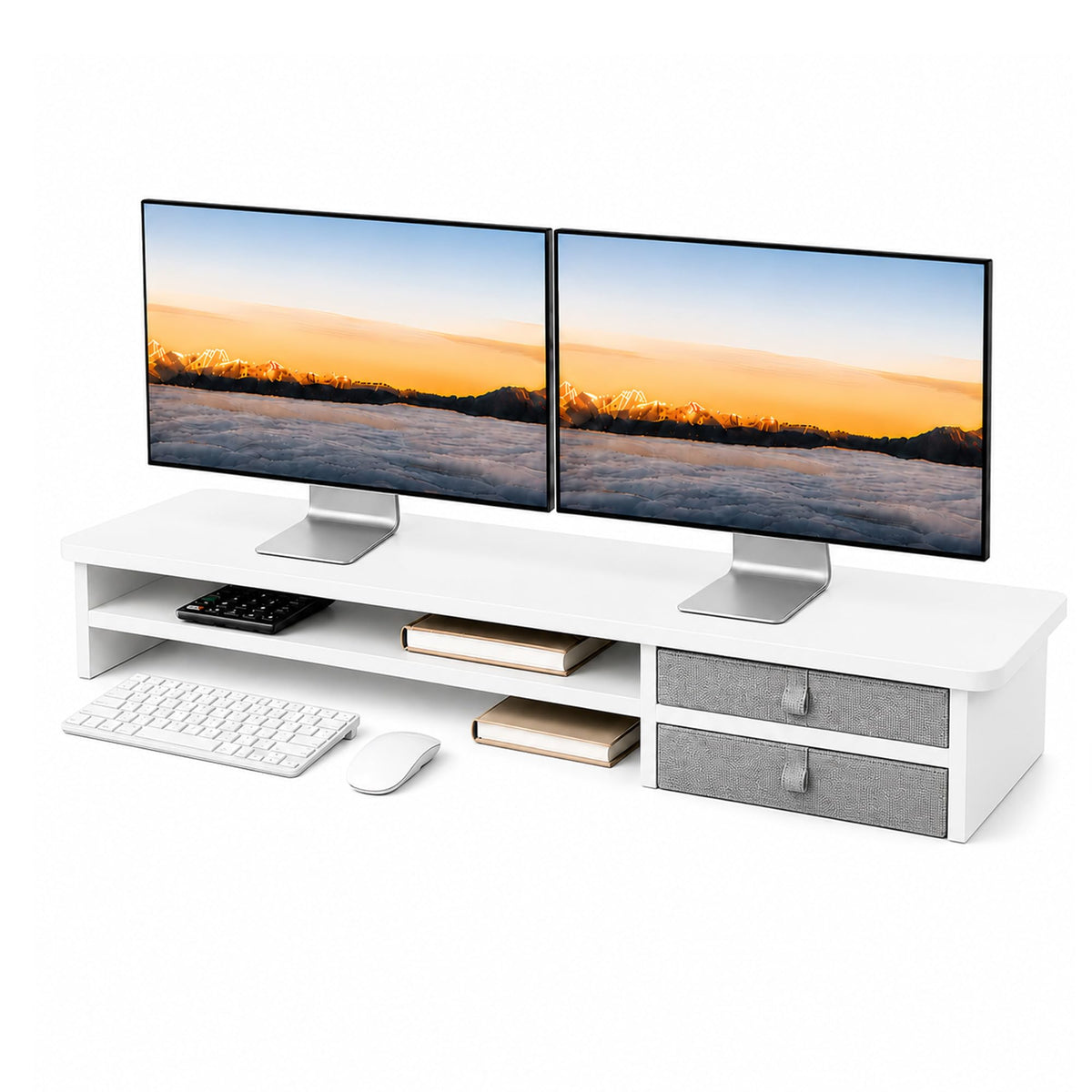 Dual Monitor Stand, 42.5 Inch Wood Monitor Riser with Drawers, 2 Tier Desktop Organizer for Computer Laptop TV, Large Screen Stand for Home Office Desk