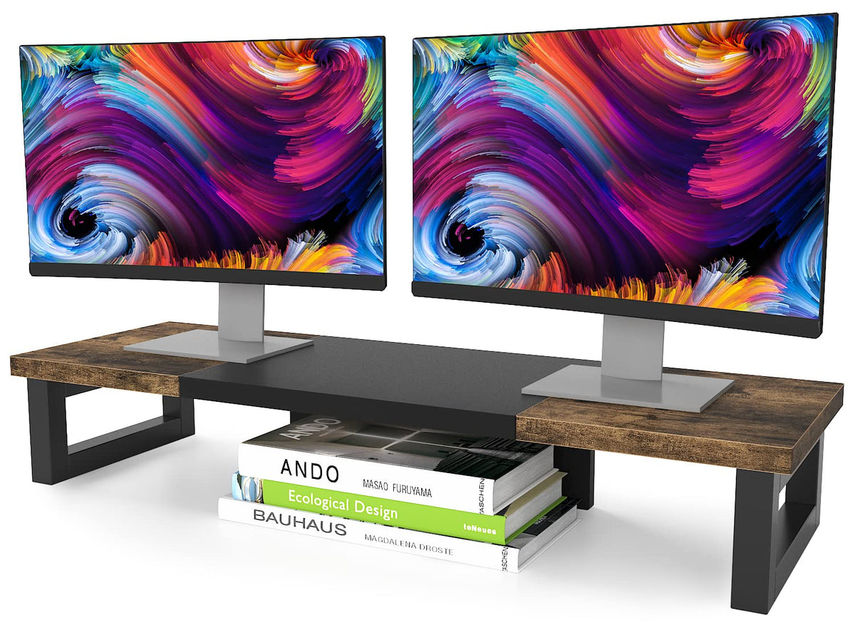 WESTREE Dual Monitor Stand Riser, Wood and Steel Multi-Purpose Desktop Storage Stand for 2 Monitors for Computer, Laptop, Printer, TV, Rustic Brown