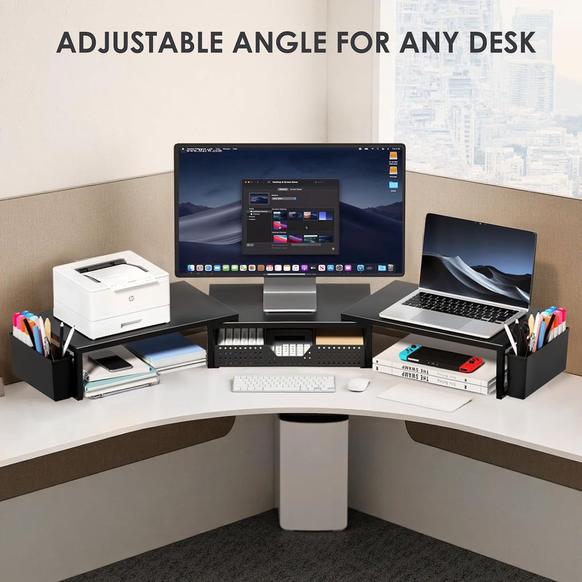 OPNICE Desk Organizers and Accessories, Dual Monitor Stand Riser with Drawer and 2 Pen Holders, Desk Shelf Computer Racks & Printer Stand for Office Workspace Organizers, Desktop Organization (Black)
