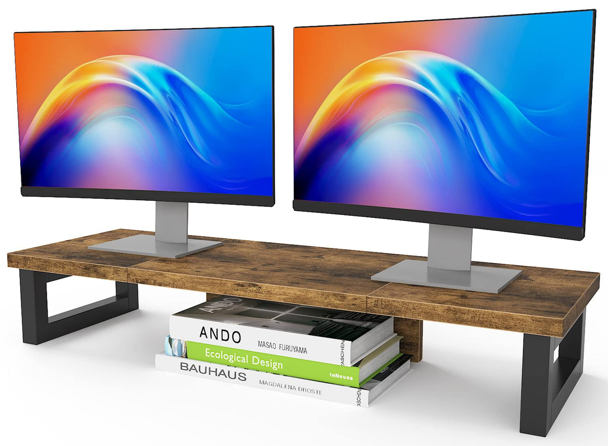 WESTREE Dual Monitor Stand Riser, Wood and Steel Multi-Purpose Desktop Storage Stand for 2 Monitors for Computer, Laptop, Printer, TV, Rustic Brown
