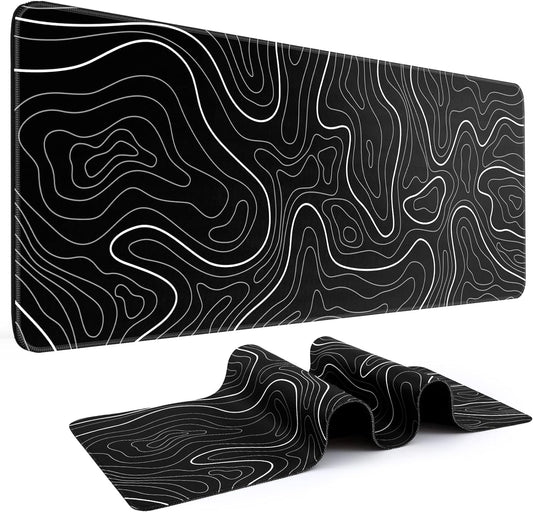 DIGSOM Gaming Mouse Pad, Black with White Topographic Line, 31.5x11.8in