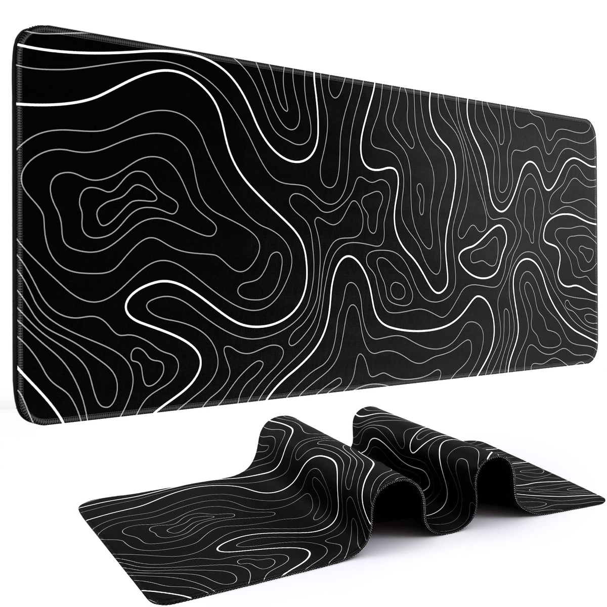 DIGSOM Gaming Mouse Pad, Black with White Topographic Line, 31.5x11.8in