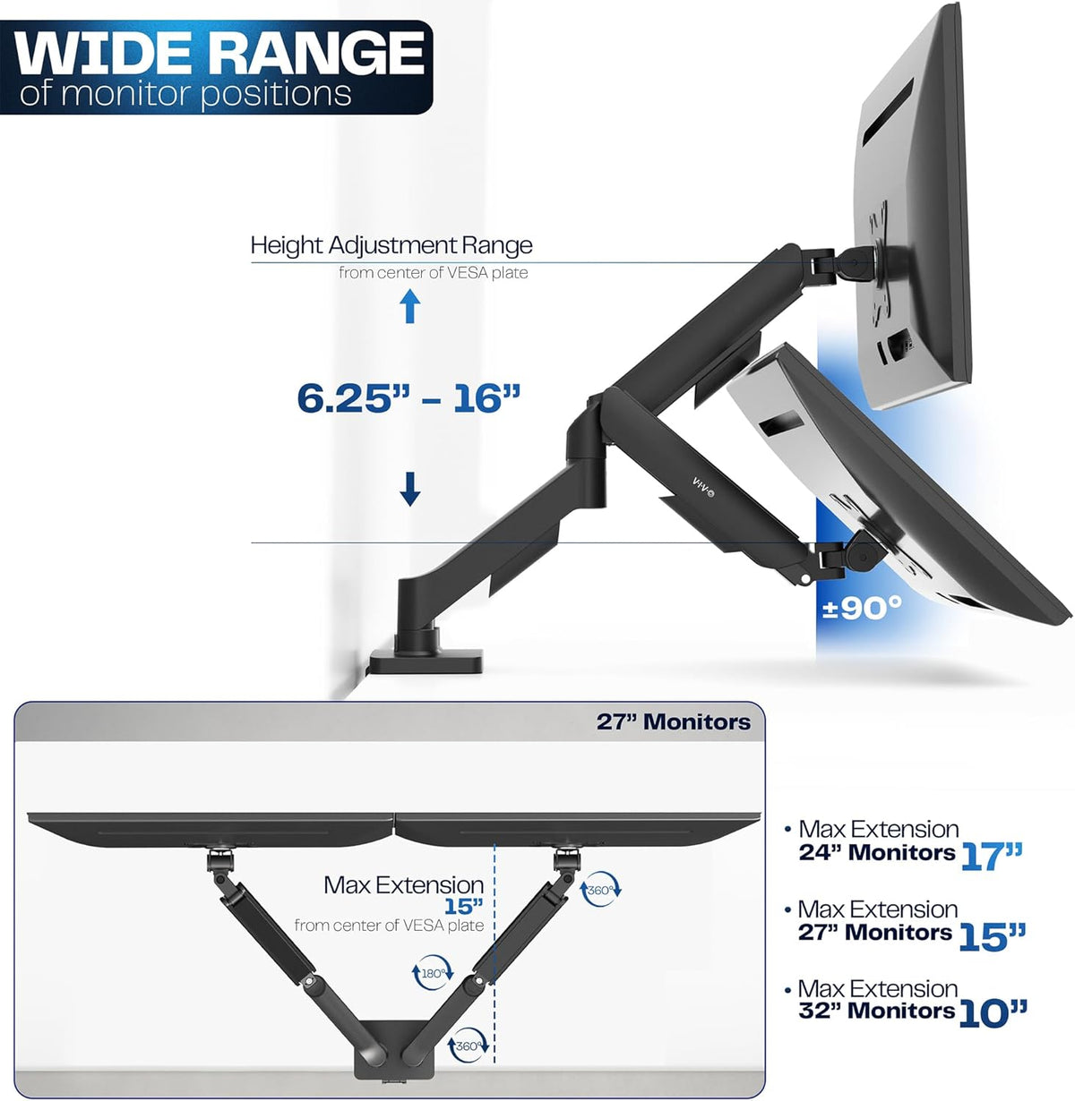 VIVO Dual Monitor Stand, Fully Adjustable Arms for 17 to 32 inch Screens, Mechanical Articulating Desk Mount, Gaming and Office Setups, VESA 75x75, 100x100, Max 19.8 lbs, Classic, Black, STAND-V002O