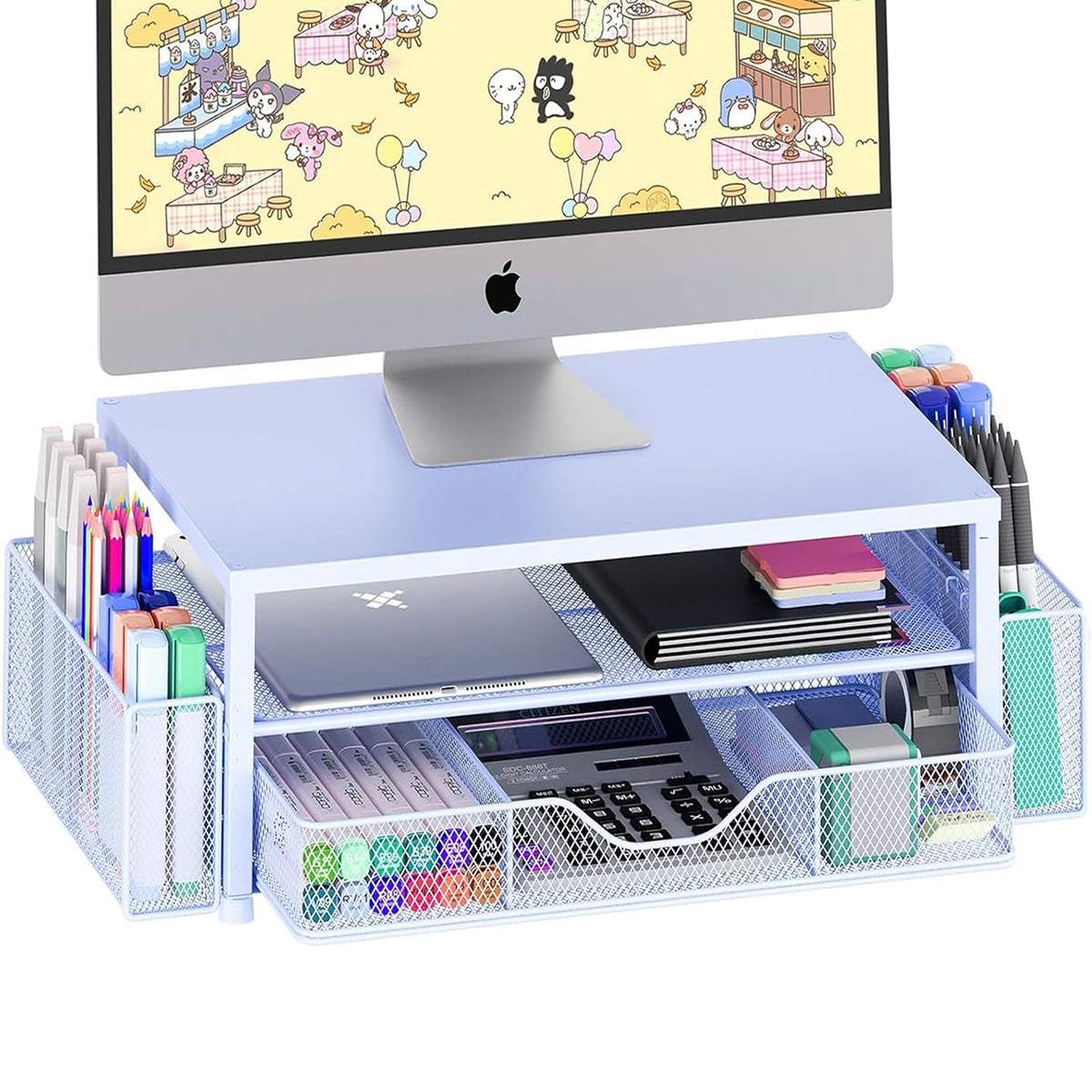 OPNICE Desk Organizers and Accessories, Computer Monitor Stand Riser with Drawer and 2 Pen Holders, Printer & Laptop Stand, Office Desk Accessories & Workspace Organizers for Home Office Supplies, Black