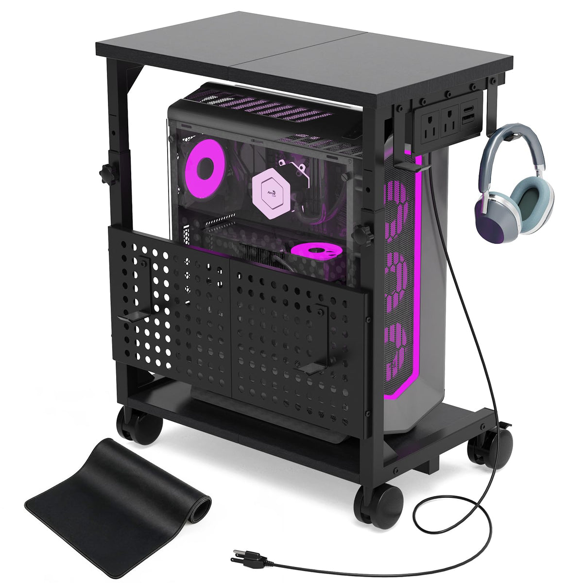 Adjustable Computer Tower Stand with Charging Station & Pegboard,Brown