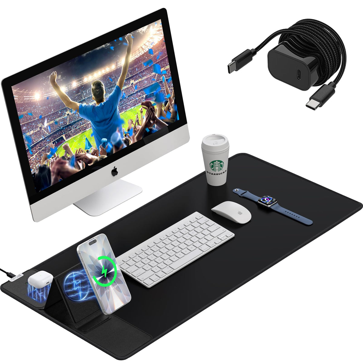 Wireless Charging RGB Mouse Pad with Phone Stand, Large Gaming Desk Mat