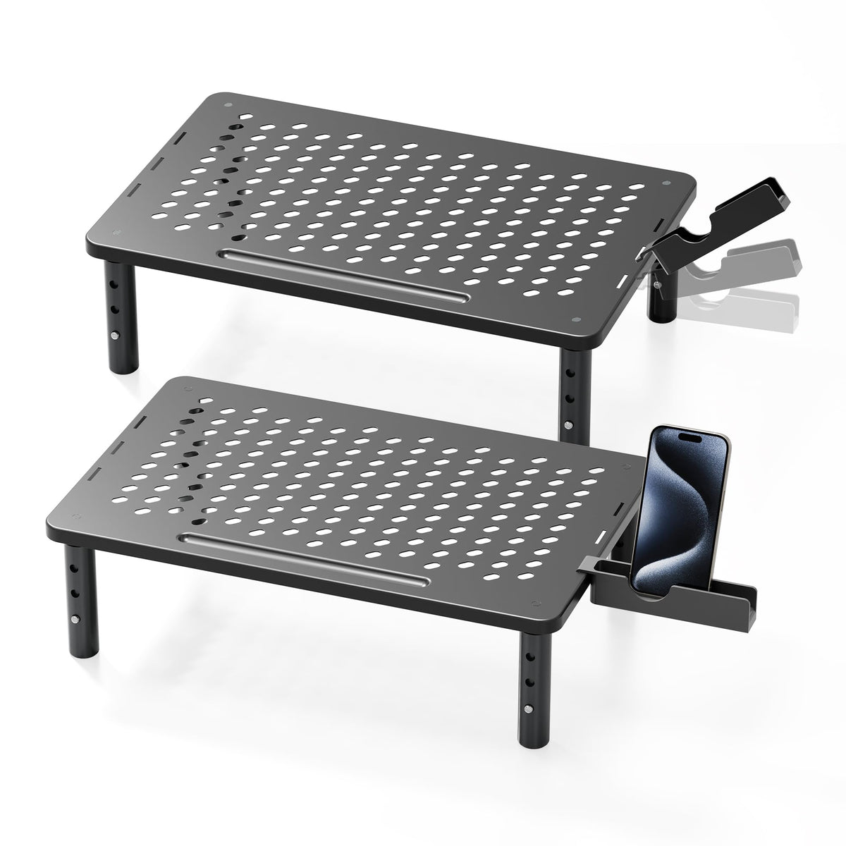 Computer Monitor Stand Riser for Desk, 3 Height Adjustable PC Laptop TV Desktop Monitor Stand Shelf, Metal Printer Table with Phone Holder, Stand Riser for Desk, Office Desk Organizers and Accessories, 2 Pack
