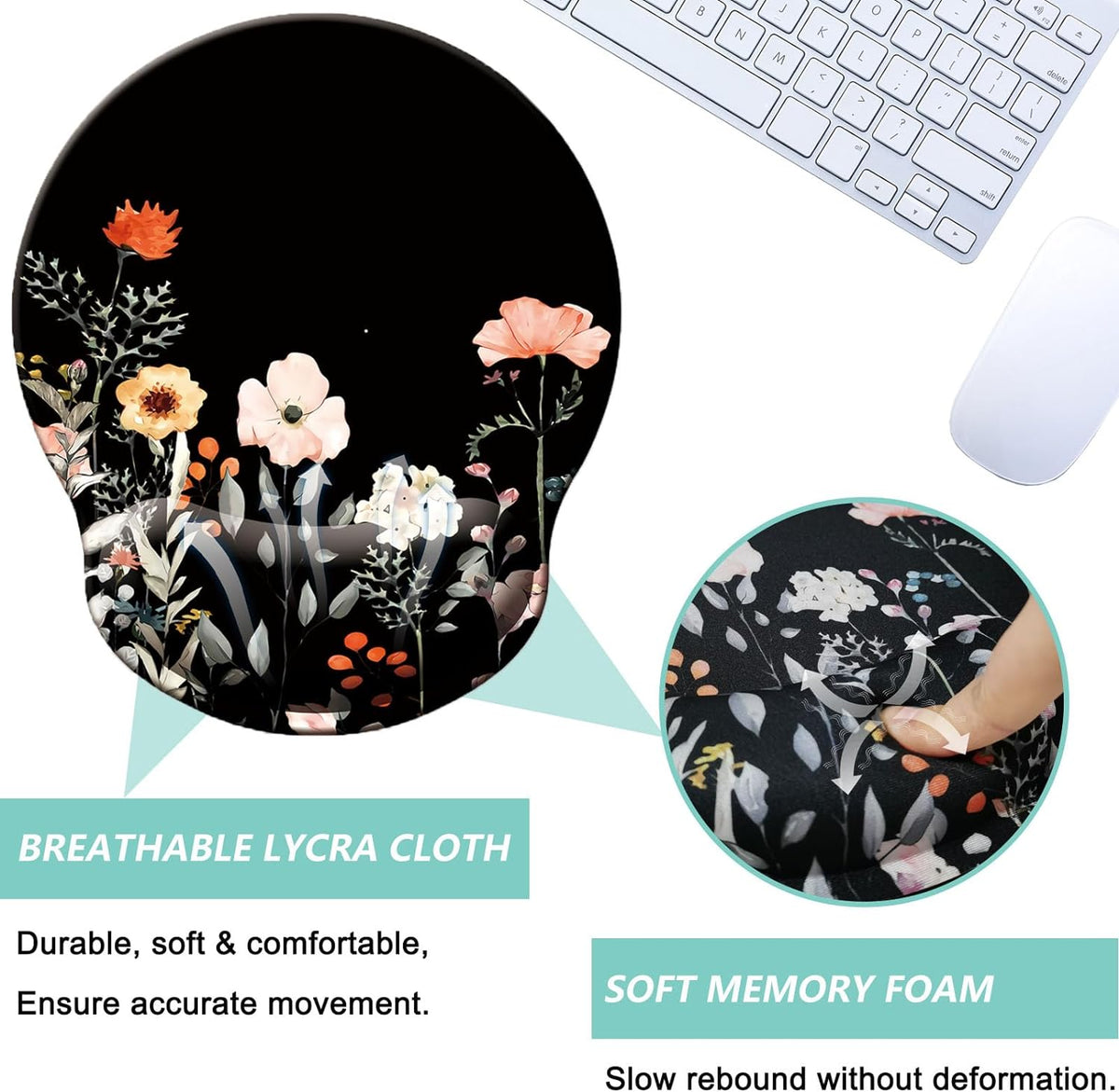 Mouse Pad with Wrist Support, Ergonomic Mouse Pad with Memory Foam Wrist Rest Cushion, Non-Slip Rubber Base Gaming Mice Pad for Home Office Computer Laptop, Flower Black