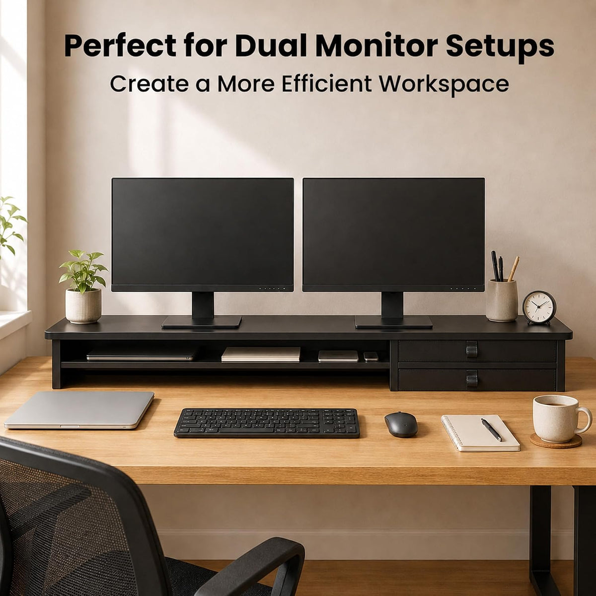 Dual Monitor Stand, 42.5 Inch Wood Monitor Riser with Drawers, 2 Tier Desktop Organizer for Computer Laptop TV, Large Screen Stand for Home Office Desk