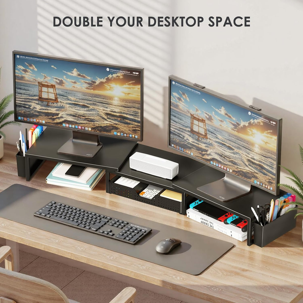 OPNICE Desk Organizers and Accessories, Dual Monitor Stand Riser with Drawer and 2 Pen Holders, Desk Shelf Computer Racks & Printer Stand for Office Workspace Organizers, Desktop Organization (Black)