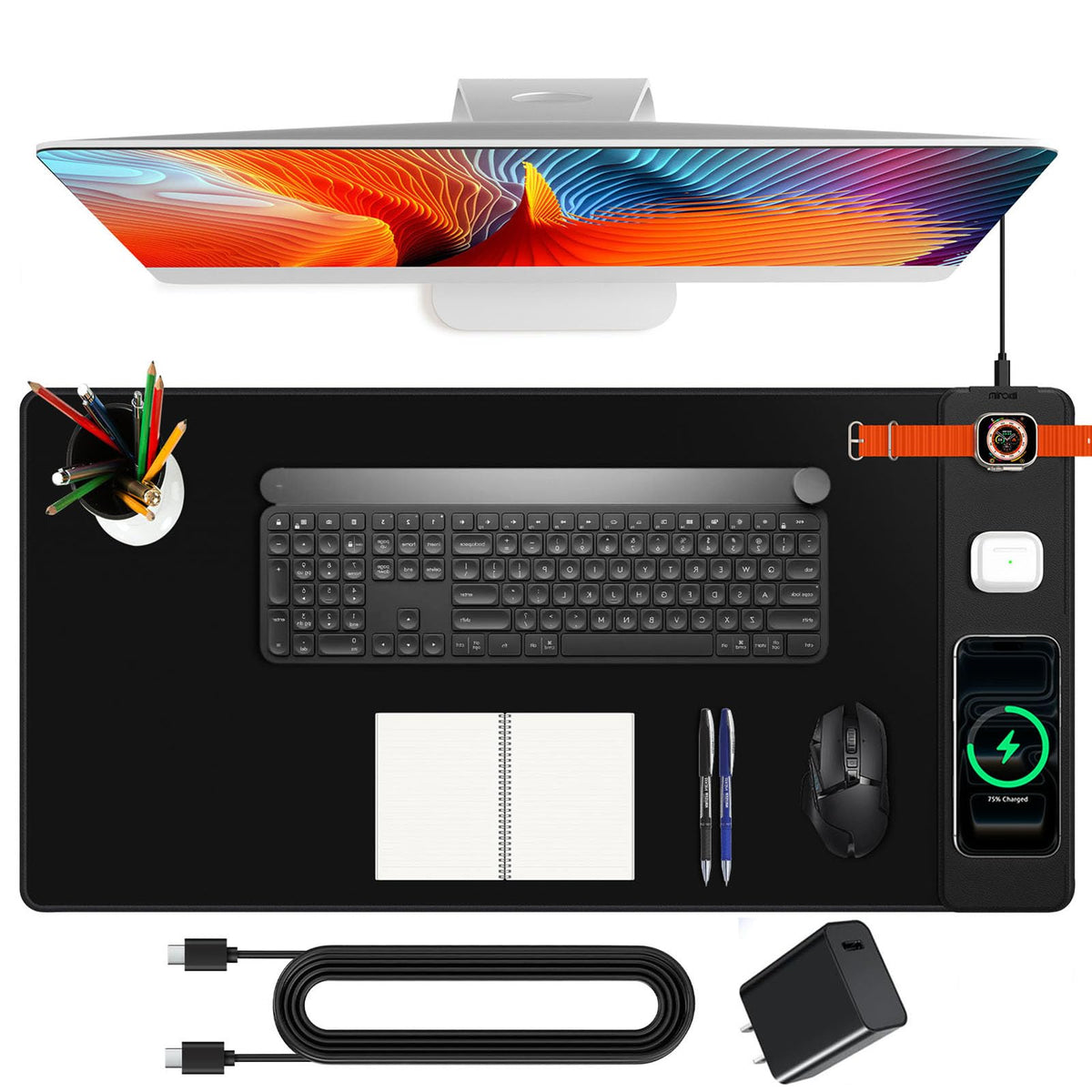 XXL Mouse Pad with Phone Holder - Black, RGB Desk Mat with 15W Fast Charging, LED Gaming Mousepad with 11 Light Colors, Waterproof Non-Slip Pad for Office & Home (Black with PD Adapter)