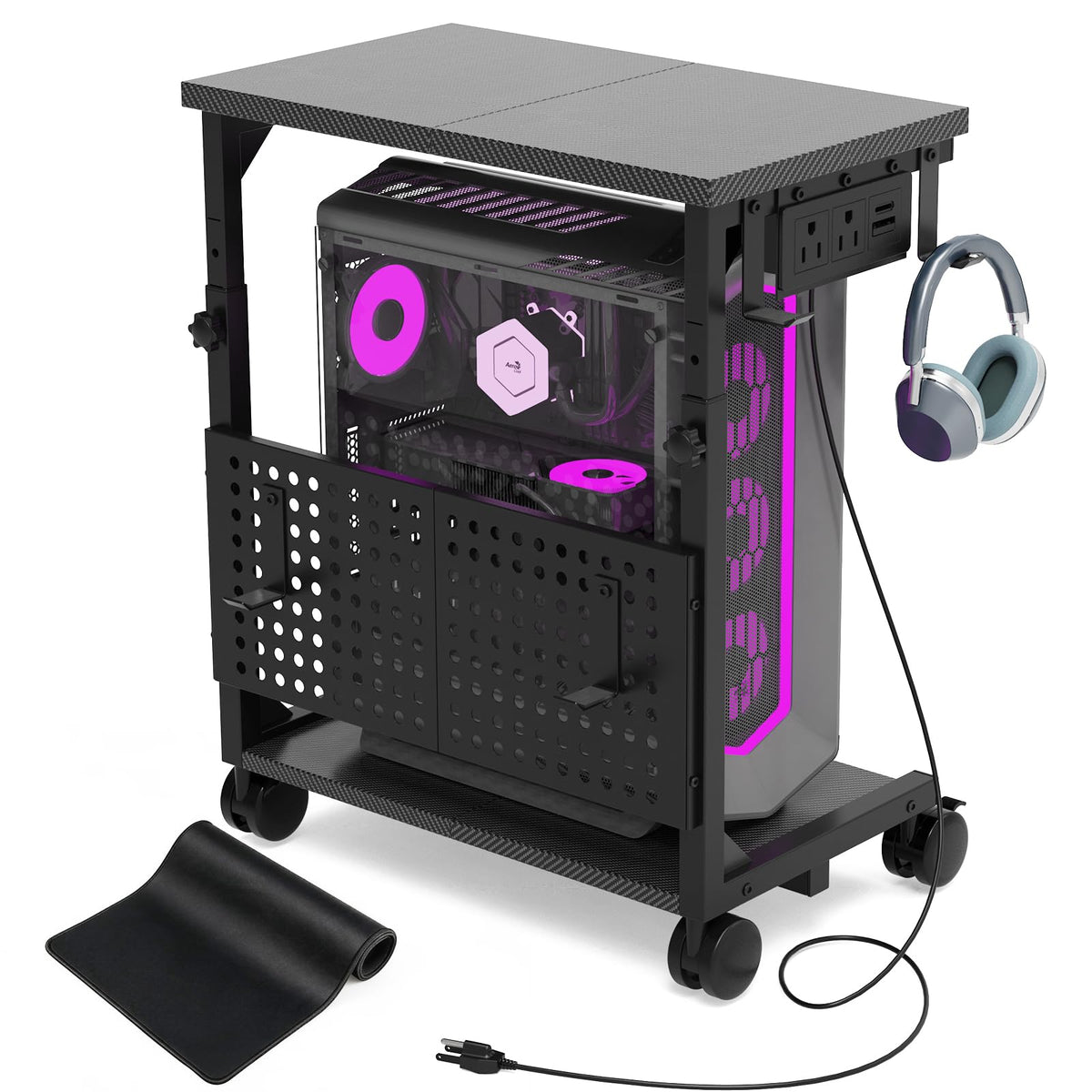 Adjustable Computer Tower Stand with Charging Station & Pegboard,Brown