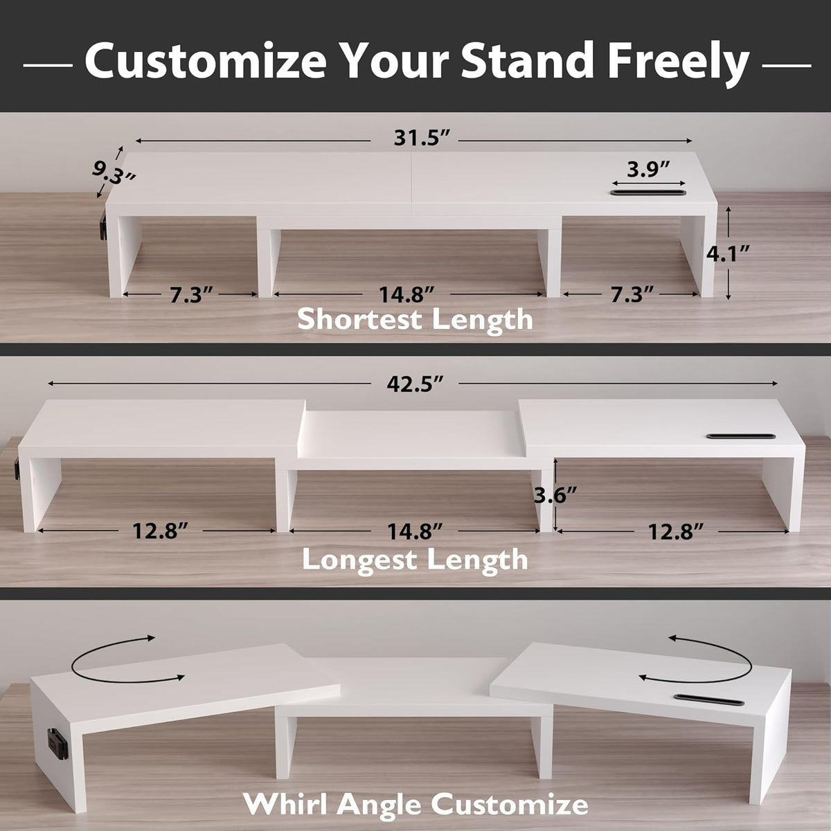 BONTEC Dual Monitor Stand Riser, Adjustable Length & Swivel Angle, White