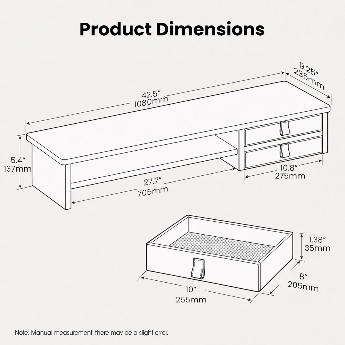 Dual Monitor Stand, 42.5 Inch Wood Monitor Riser with Drawers, 2 Tier Desktop Organizer for Computer Laptop TV, Large Screen Stand for Home Office Desk