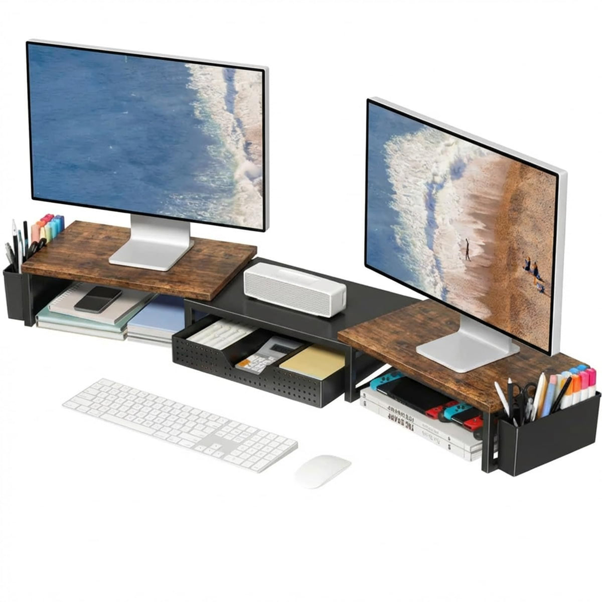 OPNICE Desk Organizers and Accessories, Dual Monitor Stand Riser with Drawer and 2 Pen Holders, Desk Shelf Computer Racks & Printer Stand for Office Workspace Organizers, Desktop Organization (Black)