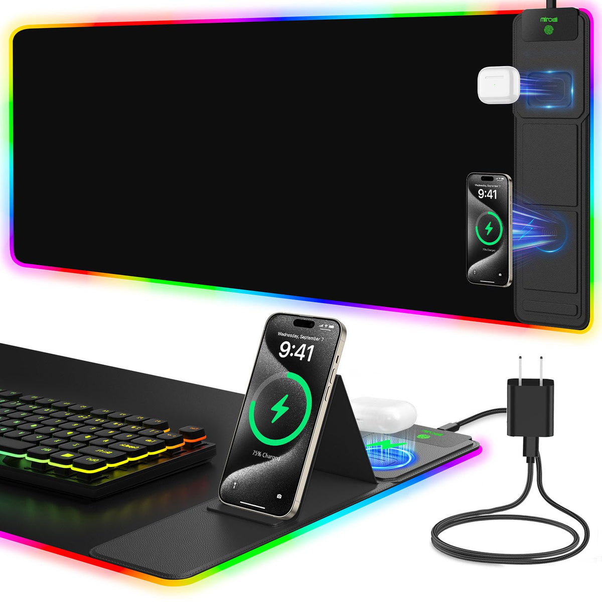 Wireless Charging RGB Mouse Pad with Phone Stand, Large Gaming Desk Mat