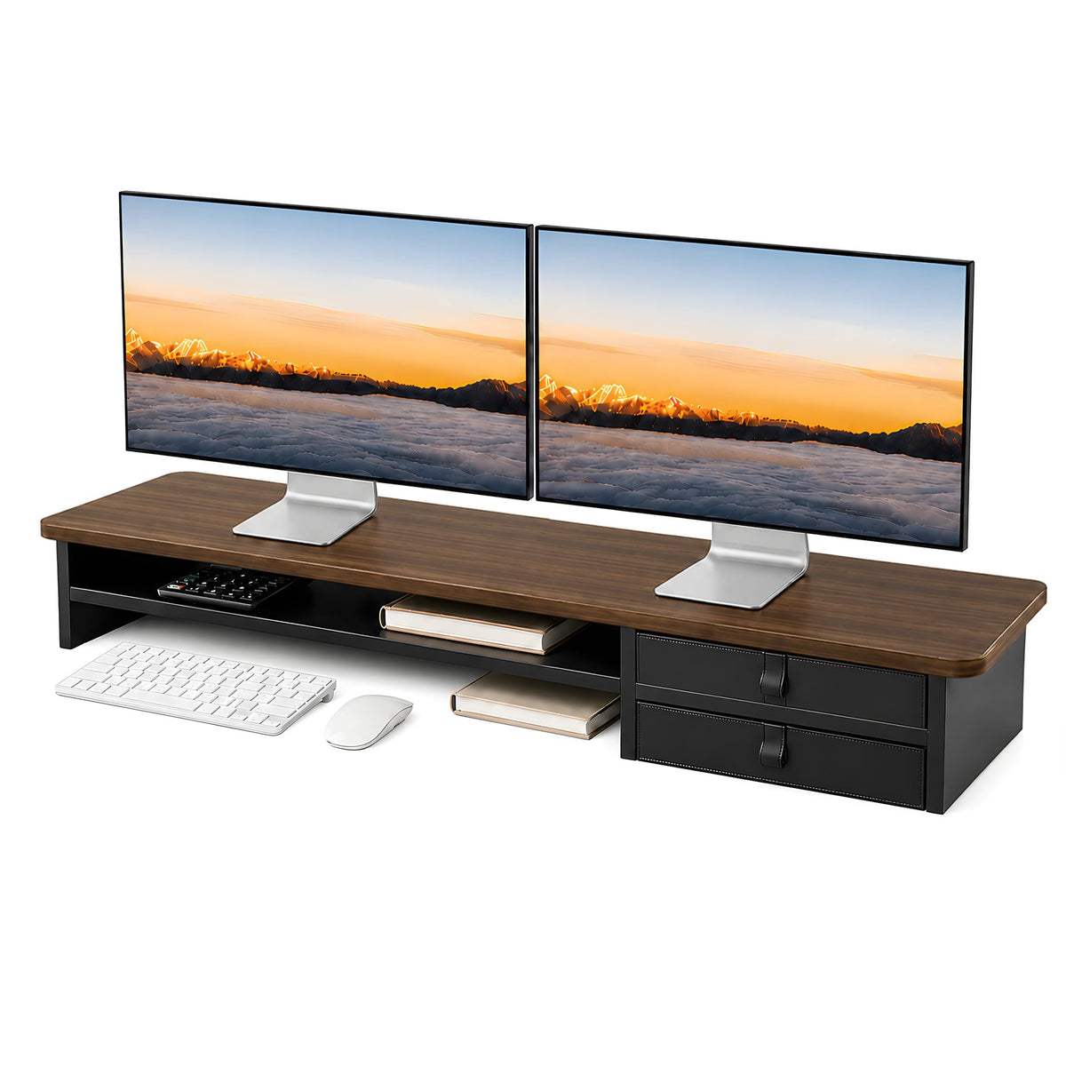 Dual Monitor Stand, 42.5 Inch Wood Monitor Riser with Drawers, 2 Tier Desktop Organizer for Computer Laptop TV, Large Screen Stand for Home Office Desk