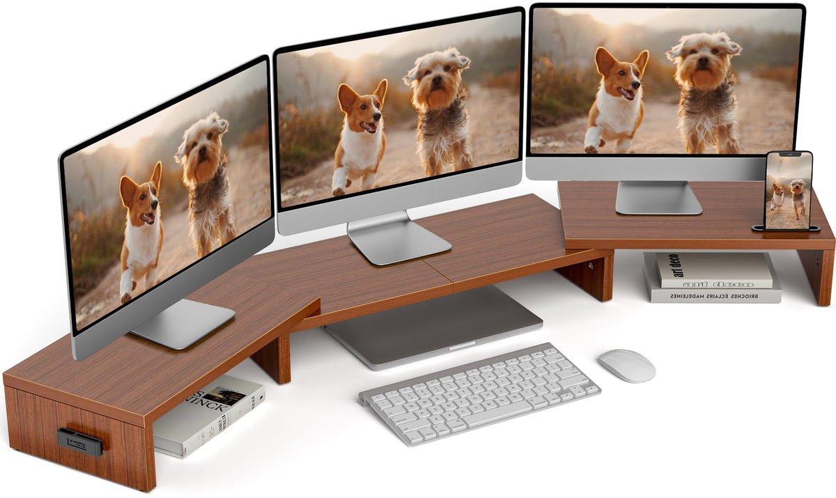 BONTEC Dual Monitor Stand Riser, Adjustable Length & Swivel Angle, White