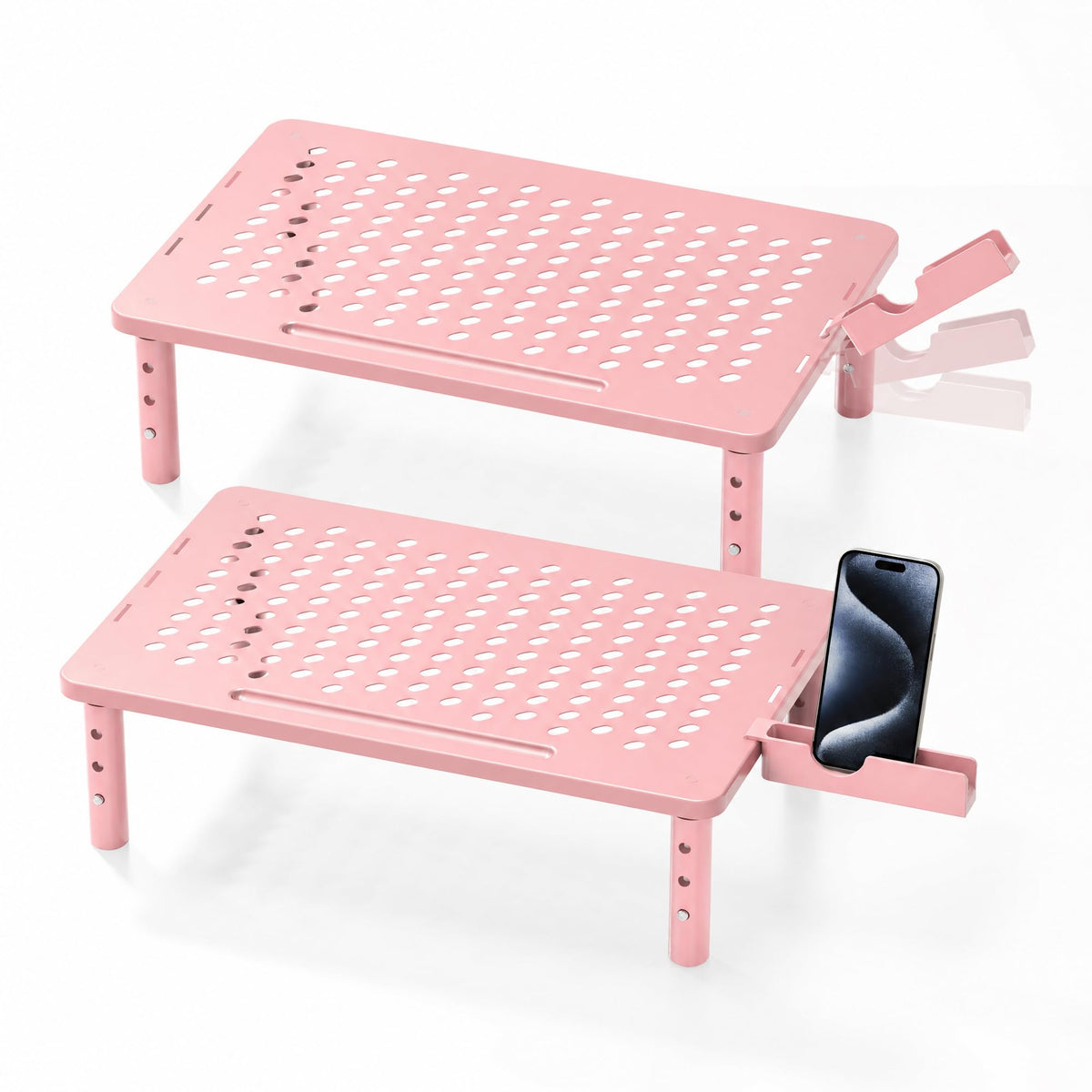 Computer Monitor Stand Riser for Desk, 3 Height Adjustable PC Laptop TV Desktop Monitor Stand Shelf, Metal Printer Table with Phone Holder, Stand Riser for Desk, Office Desk Organizers and Accessories, 2 Pack