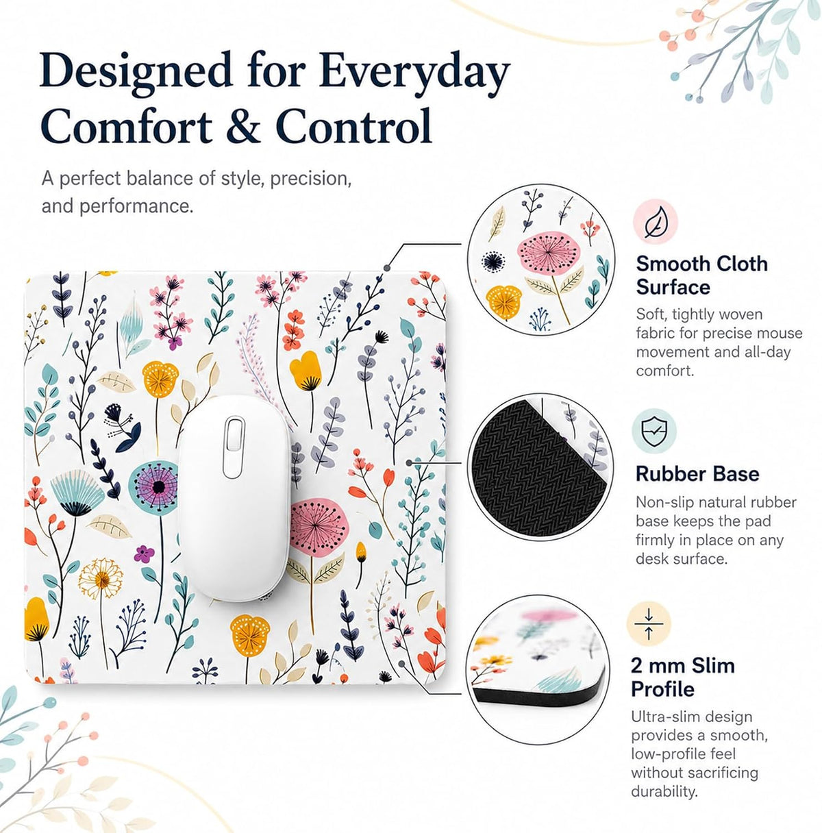 3 Pcs Vintage Flower Mouse pad,7.87×9.45 in Washable Square Desk Pad,Anti-Slip Rubber Base,Cute Floral Laptop Mat for Home Office Use