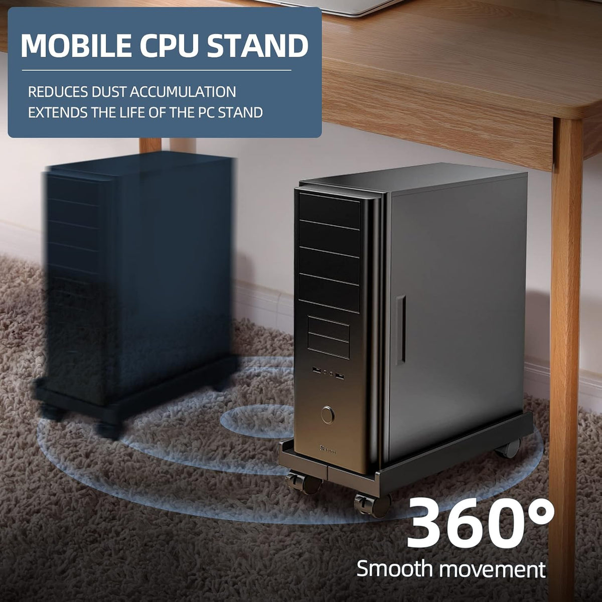 Adjustable Computer Tower Stand, Ventilated Mobile CPU Holder, Black