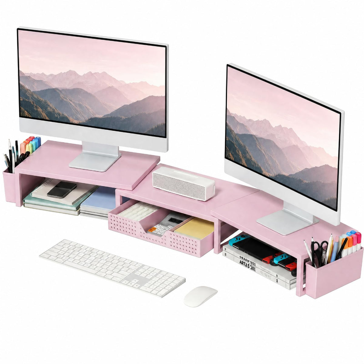 OPNICE Desk Organizers and Accessories, Dual Monitor Stand Riser with Drawer and 2 Pen Holders, Desk Shelf Computer Racks & Printer Stand for Office Workspace Organizers, Desktop Organization (Black)