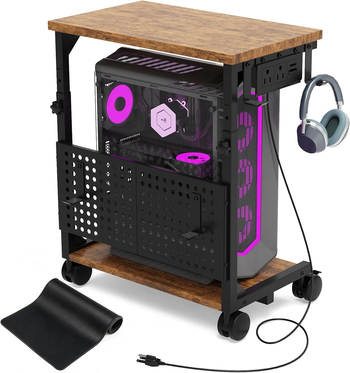 Adjustable Computer Tower Stand with Charging Station & Pegboard,Brown