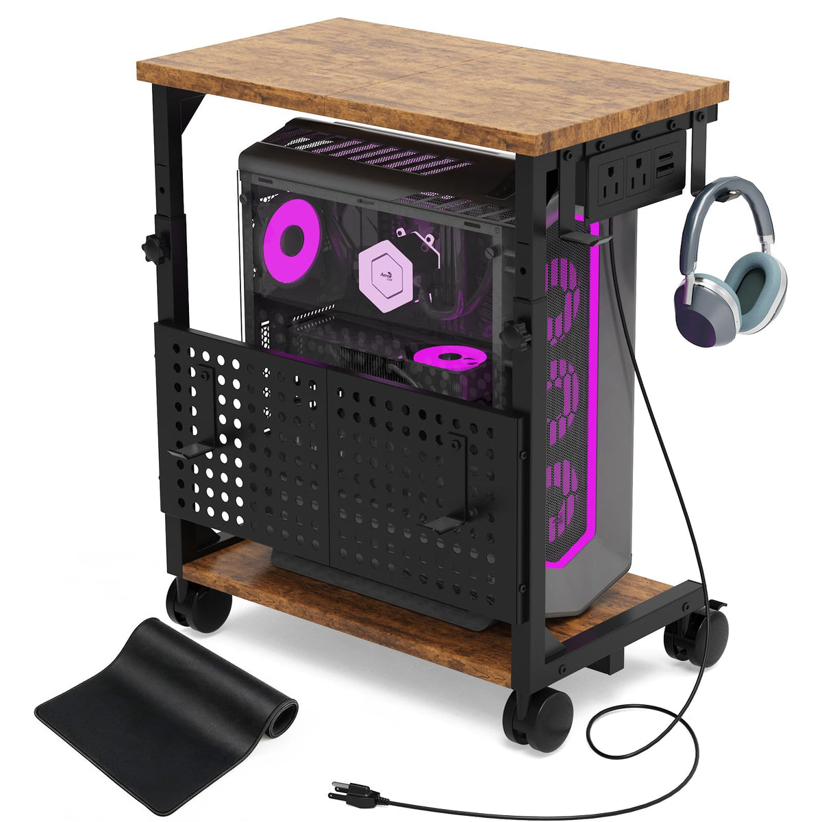 Adjustable Computer Tower Stand with Charging Station & Pegboard,Brown