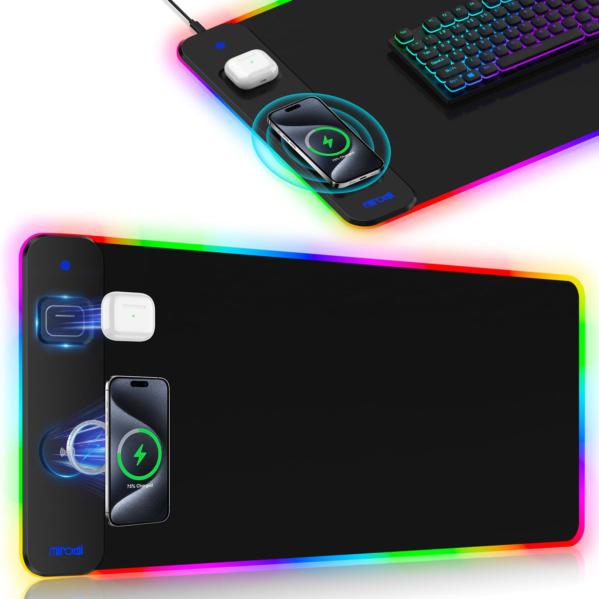 Wireless Charging RGB Mouse Pad with Phone Stand, Large Gaming Desk Mat