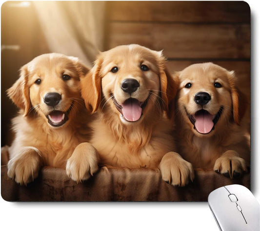 Cute Dog Mouse Pad,Three Adorable Golden Retrievers Healing Smiles That Blend Seamlessly with The Warmth of a Lazy Afternoon Sun Mouse Pad, Non-Slip Rubber Base Mousepad Waterproof for Kids Desk Pad