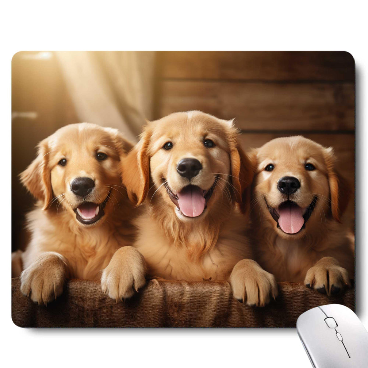 Cute Dog Mouse Pad,Three Adorable Golden Retrievers Healing Smiles That Blend Seamlessly with The Warmth of a Lazy Afternoon Sun Mouse Pad, Non-Slip Rubber Base Mousepad Waterproof for Kids Desk Pad