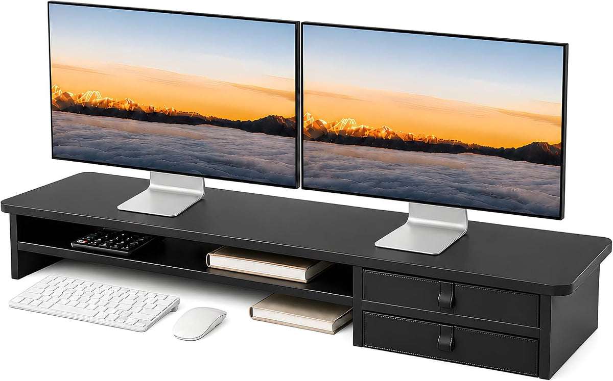 Dual Monitor Stand, 42.5 Inch Wood Monitor Riser with Drawers, 2 Tier Desktop Organizer for Computer Laptop TV, Large Screen Stand for Home Office Desk