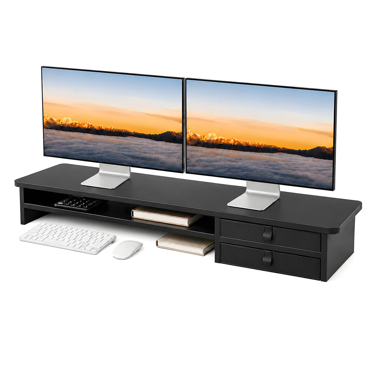 Dual Monitor Stand, 42.5 Inch Wood Monitor Riser with Drawers, 2 Tier Desktop Organizer for Computer Laptop TV, Large Screen Stand for Home Office Desk