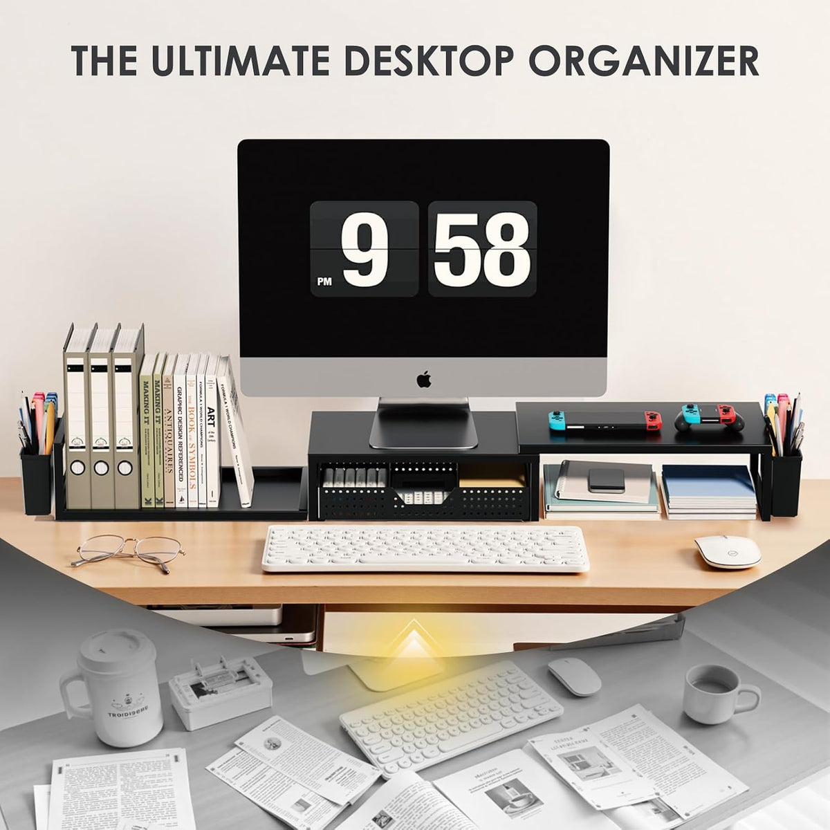 OPNICE Desk Organizers and Accessories, Dual Monitor Stand Riser with Drawer and 2 Pen Holders, Desk Shelf Computer Racks & Printer Stand for Office Workspace Organizers, Desktop Organization (Black)