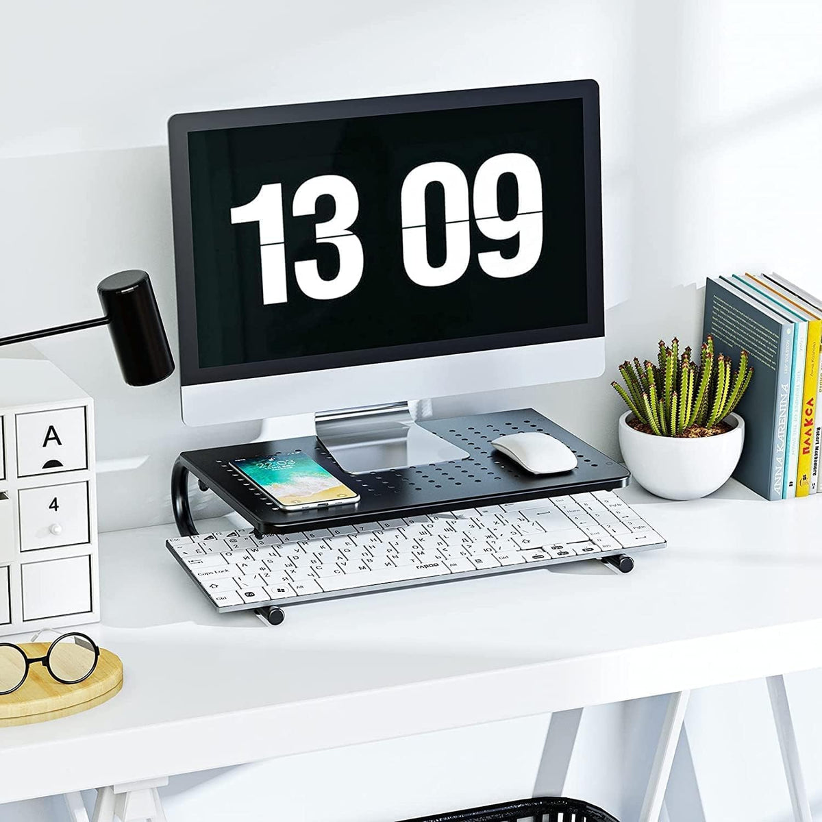 HUANUO Monitor Riser for Desk, Laptop Stand with Vented Steel Shelf, Black