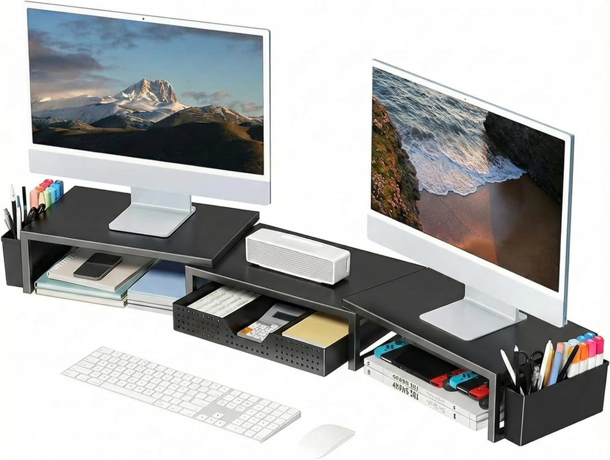 OPNICE Desk Organizers and Accessories, Dual Monitor Stand Riser with Drawer and 2 Pen Holders, Desk Shelf Computer Racks & Printer Stand for Office Workspace Organizers, Desktop Organization (Black)