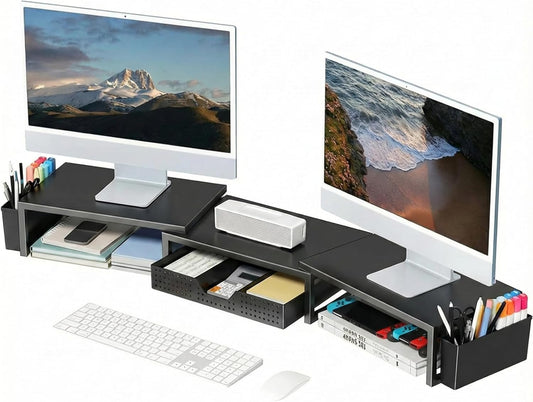 OPNICE Desk Organizers and Accessories, Dual Monitor Stand Riser with Drawer and 2 Pen Holders, Desk Shelf Computer Racks & Printer Stand for Office Workspace Organizers, Desktop Organization (Black)