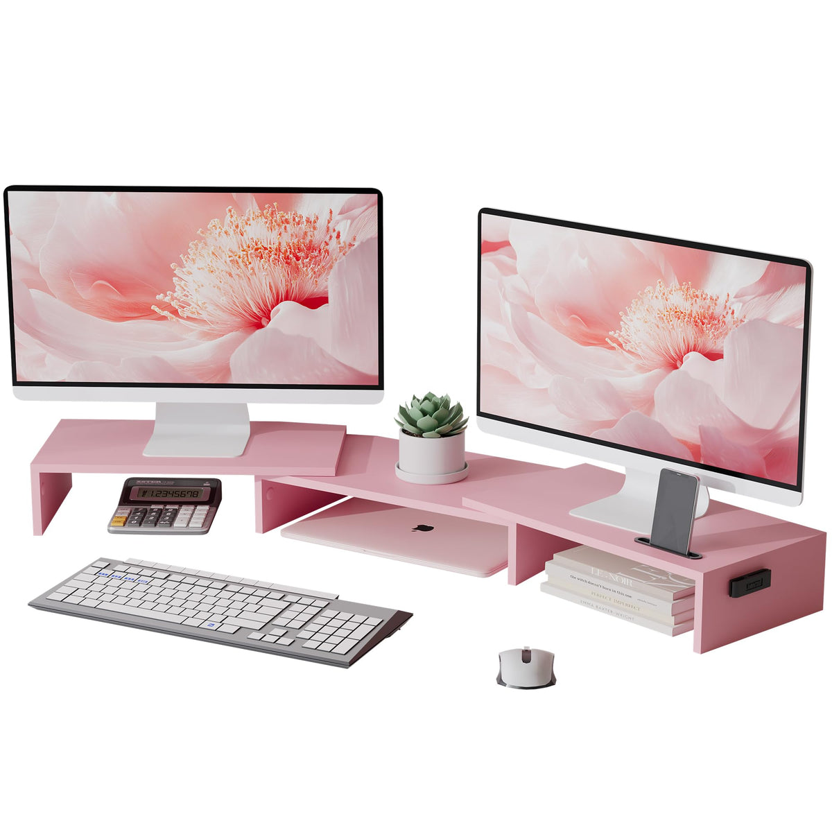 BONTEC Dual Monitor Stand Riser, Adjustable Length & Swivel Angle, White