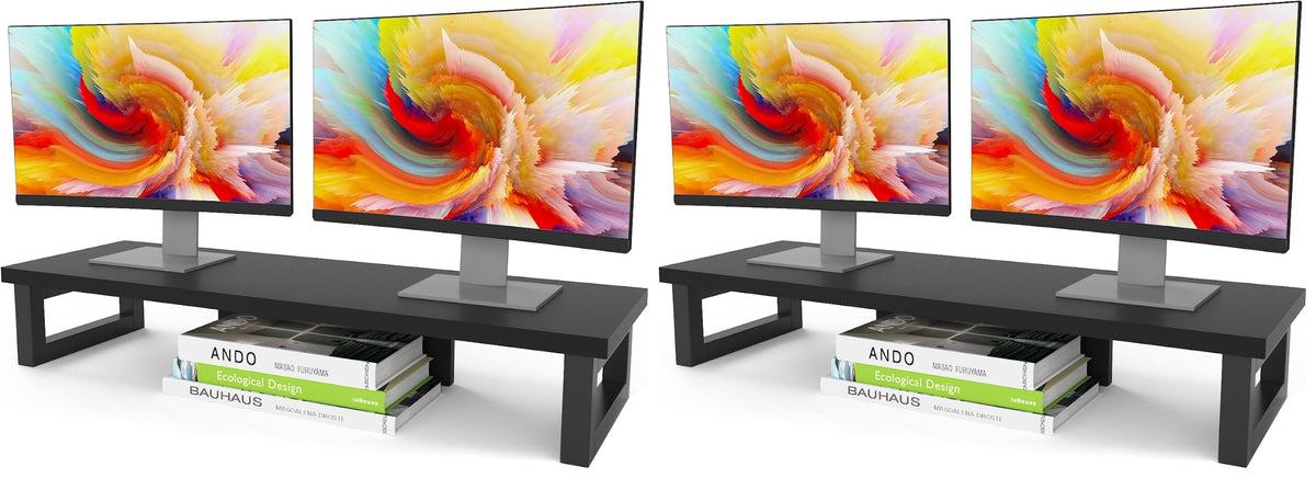 WESTREE Dual Monitor Stand Riser, Wood and Steel Multi-Purpose Desktop Storage Stand for 2 Monitors for Computer, Laptop, Printer, TV, Rustic Brown